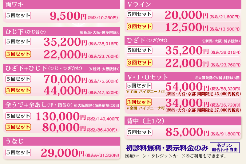 スキンクリニックの医療レーザー脱毛。腕、足、VIOラインにバリュープラン3回セット開始!