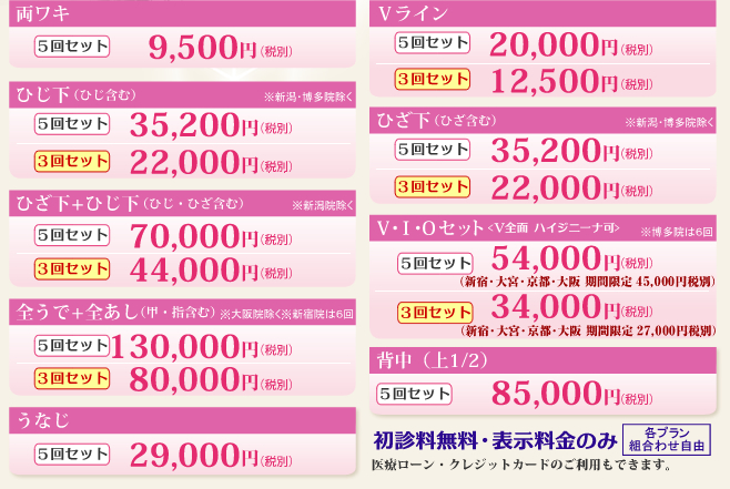 スキンクリニックの医療レーザー脱毛。腕、足、VIOラインにバリュープラン3回セット開始!