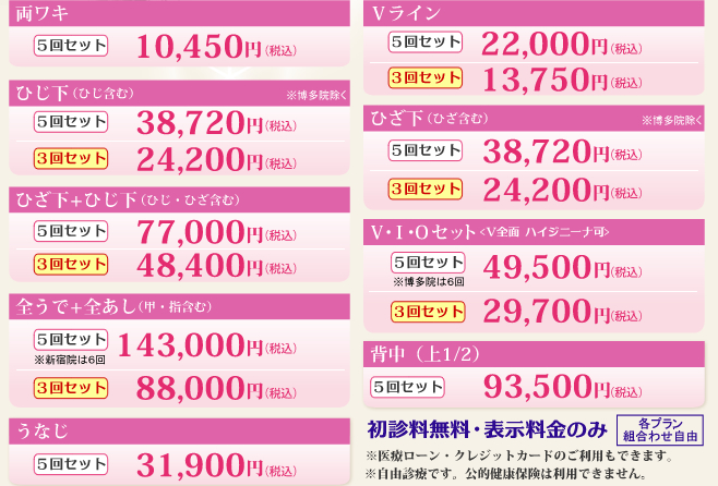 スキンクリニックの医療レーザー脱毛。腕、足、VIOラインにバリュープラン3回セット開始!